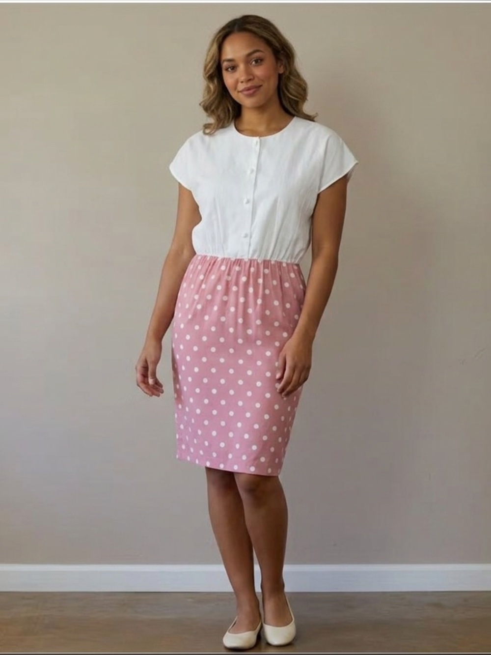 Vintage Dress Size 16 Polka Dots Buttons Front Elastic Waist Casual Summer